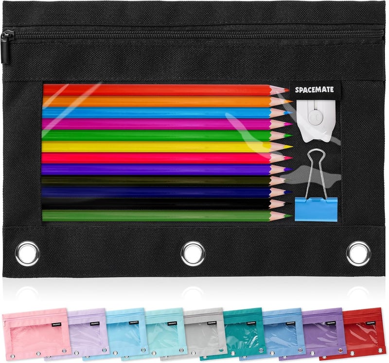 SPACEMATE Binder Pencil Pouch Case Box Bag for 3 Ring Binder School Supplies Girls Boys Kids, Clear Preppy Stuff Large Aesthetic Pen Organizer, Back to College Stationary, 1 Pack, Coal Black - Image 1